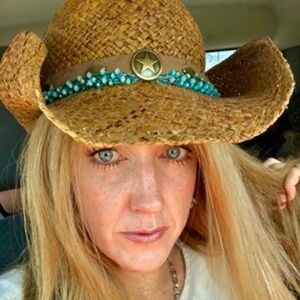 Brown Organic Cotton Natural Fiber Handmade Cowgirl Hat. Beaded band detachable.